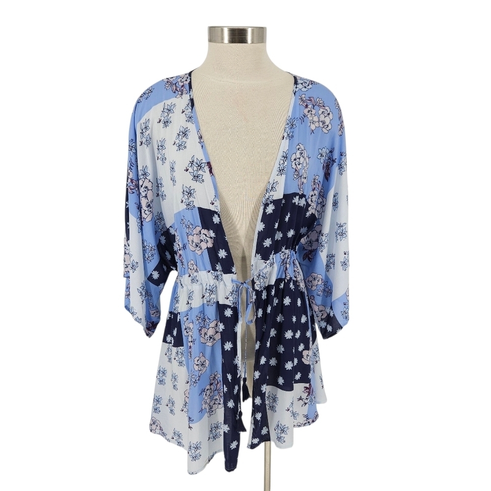 Hinge Kimono Coverup Blue Floral Patchwork 3/4 Sleeve Tassel Tie Shirt OS